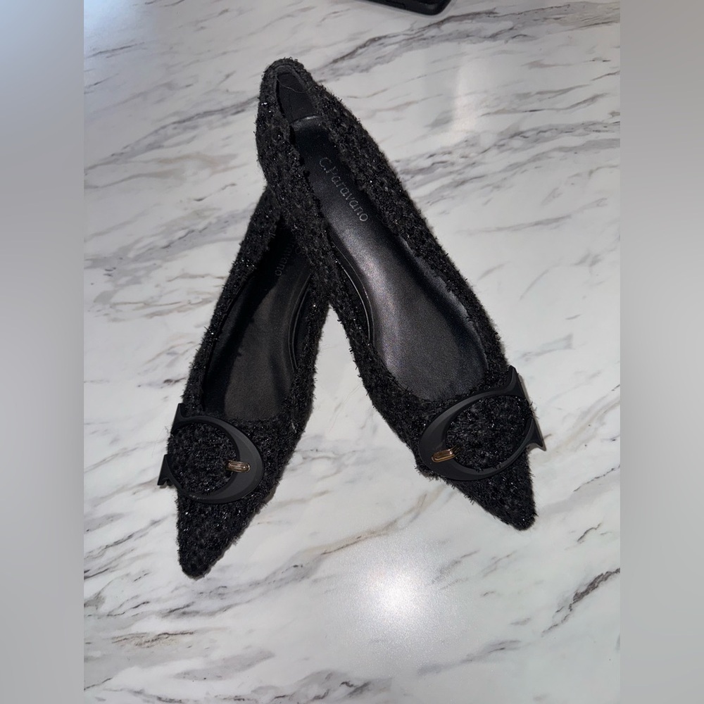 C.Paravano Black tweed pointed toe flats with C Buckle size 36